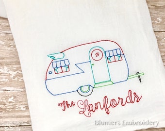 Monogrammed Retro Camper Kitchen Dish Cloth Towel - Personalized Vintage RV Travel Trailer Flour Sack Tea Towel Hostess Gift