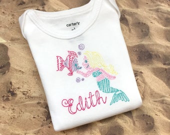 Mermaid Fish Nautical Bodysuit or T Shirt - Monogrammed Girls Kids Infants Monogram Personalized Custom Embroidered Vintage Sketch Sea