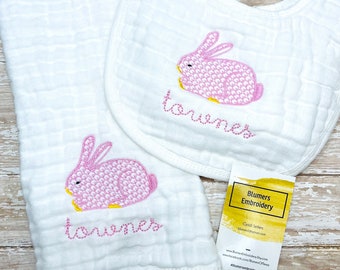Personalized Herend Rabbit Monogram Baby Outfit Muslin Burp Cloth & Bib; Monogrammed Herend Fishnet Rabbit Baby Shower Embroidered Baby Gift