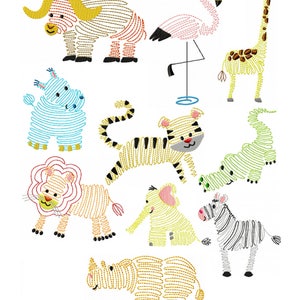 May include: A collection of ten animal embroidery designs featuring a muskox, flamingo, giraffe, hippo, tiger, crocodile, lion, elephant, zebra, and rhinoceros. Each animal is rendered in a stylized, linear stitch pattern with vibrant colors.