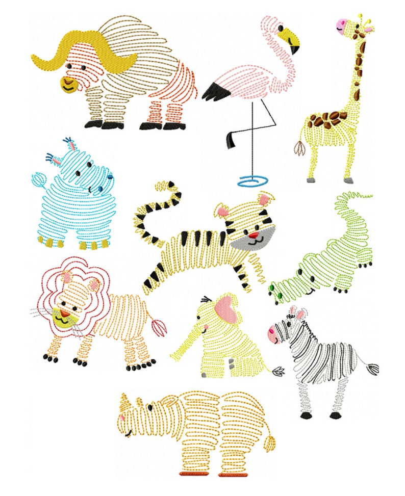 May include: A collection of ten animal embroidery designs featuring a muskox, flamingo, giraffe, hippo, tiger, crocodile, lion, elephant, zebra, and rhinoceros. Each animal is rendered in a stylized, linear stitch pattern with vibrant colors.