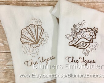 Personalized Seashell Kitchen Dish Cloth Towel Set / Beach House Decor Monogrammed Flour Sack Tea Towel Gift Whale Shell Fish Sea Monogram