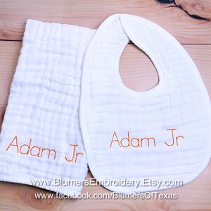 Monogrammed Muslin Burp Cloth & Baby Bib SET Custom Personalized Newborn Boy Name Embroidered Baby Girl Shower Gift Monogram Muslin Bib Burp