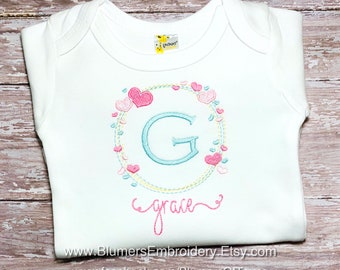 Personalized Baby Girl Monogrammed Hearts Frame Gown/Bodysuit/T Shirt/Bib/Burp; Valentine Baby Shower Gift Embroidered Baby Shower Baby Gift