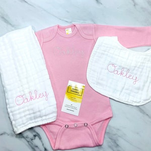 Personalized Embroidered Pink Bodysuit Baby Outfit Monogrammed Baby Girl Baby Shower Gift Set Custom Personalized Muslin Bib Burp Cloth Gift