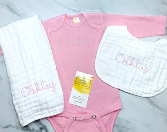 Personalized Embroidered Pink Bodysuit Baby Outfit; Monogrammed Baby Girl Baby Shower Gift Set; Custom Personalized Muslin Bib, Burp Cloth