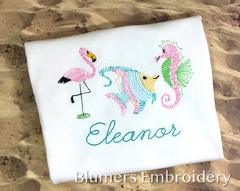 Personalized Flamingo Sea Life Fish Flamingo Bodysuit or T Shirt, Kids Monogramed Custom Embroidered Seahorse Fish Whale Dolphin Gift