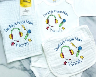 Rapper Baby Shower Gift; Personalized Embroidered Hip Hop Rap Music Baby Outfit; Daddy's Hype Man; Muslin Bib/Burp Cloth/Bodysuit/Gown Sets