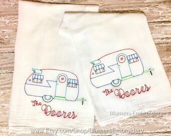 Monogrammed Retro Camper Kitchen Dish Cloth Towel Set of Two - Personalized Vintage RV Travel Trailer Flour Sack Tea Hostess Gift
