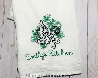 Personalized Kitchen Rooster Farm Vintage Dish Cloth Towel; Monogrammed Embroidered Flour Sack Tea Towel; Wedding Hostess Country Gift