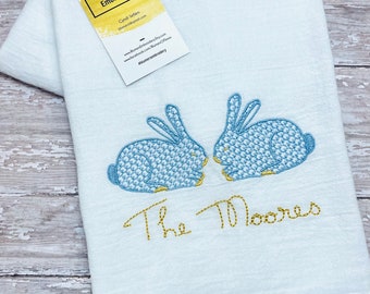 Monogrammed Embroidered Bunny Rabbits Easter Dish Cloth Towel; Herend Fishnet Style Personalized Custom Flour Sack Tea Towel Hostess Gift
