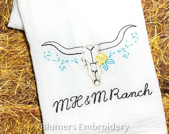 Country Western Longhorn Cow Skull Kitchen Dish Cloth Towel - Personalized Monogrammed Flour Sack Tea Towel - Cowskull Hostess Gift Monogram