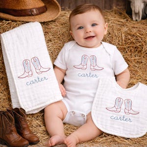 Personalized Cowboy Boots Baby Bodysuit, Burp Cloth, Bib Custom Embroidered Western Boys T Shirt Southwestern Monogrammed Boots Baby Gift