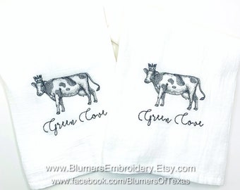 Cow in Crown Kitchen Dish Cloth Tea Towel; Farmhouse Personalized Monogrammed Custom Flour Sack; Shower Hostess Country Farm Decor Gift