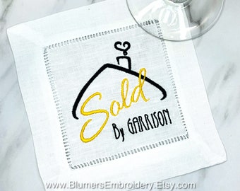 Realtor Gift Linen Cocktail Napkins / Personalized Embroidered Sold By Napkins / Real Estate Agent Gift / New Home Gift / Monogrammed Linens