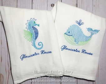 Monogrammed Sea Life Kitchen Dish Cloth Towel Set / Beach House Decor Personalized Flour Sack Tea Towel Gift Whale Squid Fish Sea Monogram