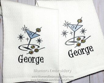 Personalized Retro Martini Kitchen Dish Cloth Towel, Monogrammed Custom Embroidered Waffle Weave or Flour Sack Towel Hostess Cocktail Gift