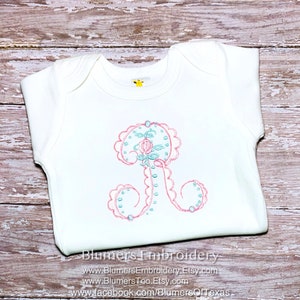 Personalized Girls Flower Font Initial Monogrammed Bodysuit T Shirt Bib Burp Baby Shower Gift Custom Sketch Embroidered Baby Girl Rose