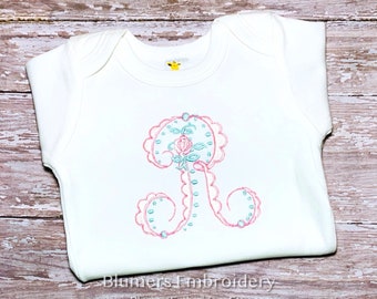 Personalized Girls Flower Font Initial Monogrammed Bodysuit/T Shirt/Bib/Burp; Baby Shower Gift Custom Sketch Embroidered Baby Girl Rose