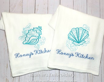 Monogrammed Seashell Kitchen Dish Cloth Towel / Shell Crab Seahorse Beach House Decor Personalized Flour Sack Ocean Life Monogram Gift
