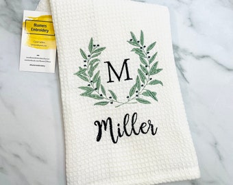 Personalized Embroidered Laurel Herb Olive Wreath Initial Kitchen Dish Cloth Towel Monogrammed Waffle Weave Towel Hostess Wedding Gift