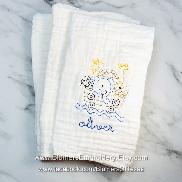 Personalized Noahs Ark Monogram Baby Outfit Muslin Burp Cloth & Bib SETS; Monogrammed Sketch Stitch Baby Shower Gift Embroidered Animals