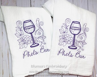 Monogrammed Wine Glass Kitchen Dish Cloth Towel SET of 2 / Personalized Custom Embroidered Flour Sack Tea Towel / Wedding Hostess Wine Gift