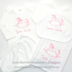 Personalized Rocking Horse Embroidered Gown, Bodysuit, Burp Cloth, Bib For Baby Boy or Girl Custom Monogram Infant Name Baby Shower Gift