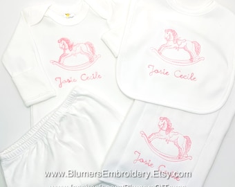 Rocking Horse Personalized Embroidered Gown, Bodysuit, Burp Cloth, Bib For Baby Boy or Girl; Custom Monogram Infant Name Baby Shower Gift