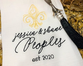 Personalized Embroidered Fleur De Lis Kitchen Dish Cloth Towel; Monogrammed Custom Flour Sack Towel, Wedding Hostess New Orleans Saints Gift