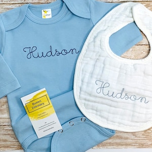 Baby Boy Personalized Blue Bodysuit Muslin Bib Burp Cloth Embroidered Monogrammed Baby Boy Going Home Outfit Gift Baby Boy Shower Gift