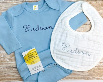Baby Boy Personalized Outfit; Blue Bodysuit; Muslin Bib Burp Cloth; Embroidered Monogrammed Baby Boy Going Home Gift; Baby Boy Shower Gift