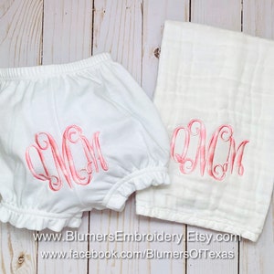 Monogrammed Diaper Cover Personalized Bib Muslin Burp Cloth Embroidered Baby Bloomers Monogram Bloomer Custom Newborn Girl Shower Gift