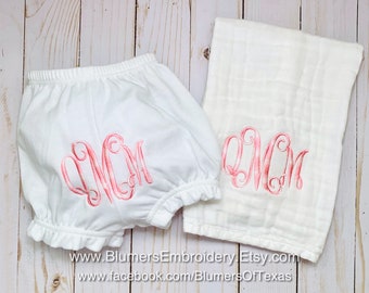 Monogrammed Diaper Cover/Bib/Muslin Burp Cloth, Embroidered Baby Bloomers, Personalized Monogram Bloomer, Custom Newborn Girl Shower Gift
