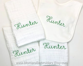 Monogrammed Muslin Burp Cloth Set of 3; Personalized Burp Cloth Bib Personalized Baby Shower Gift; Embroidered Muslin Burp Cloth Unisex Gift