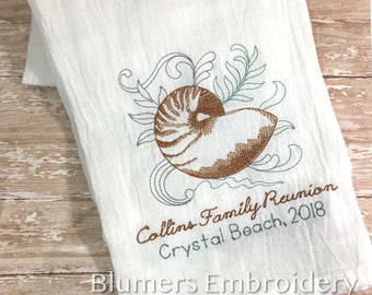 Monogrammed Nautilus Seashell Kitchen Dish Cloth Towel / Shell Crab Beach House Decor Personalized Flour Sack Tea Towel Shower Gift Monogram