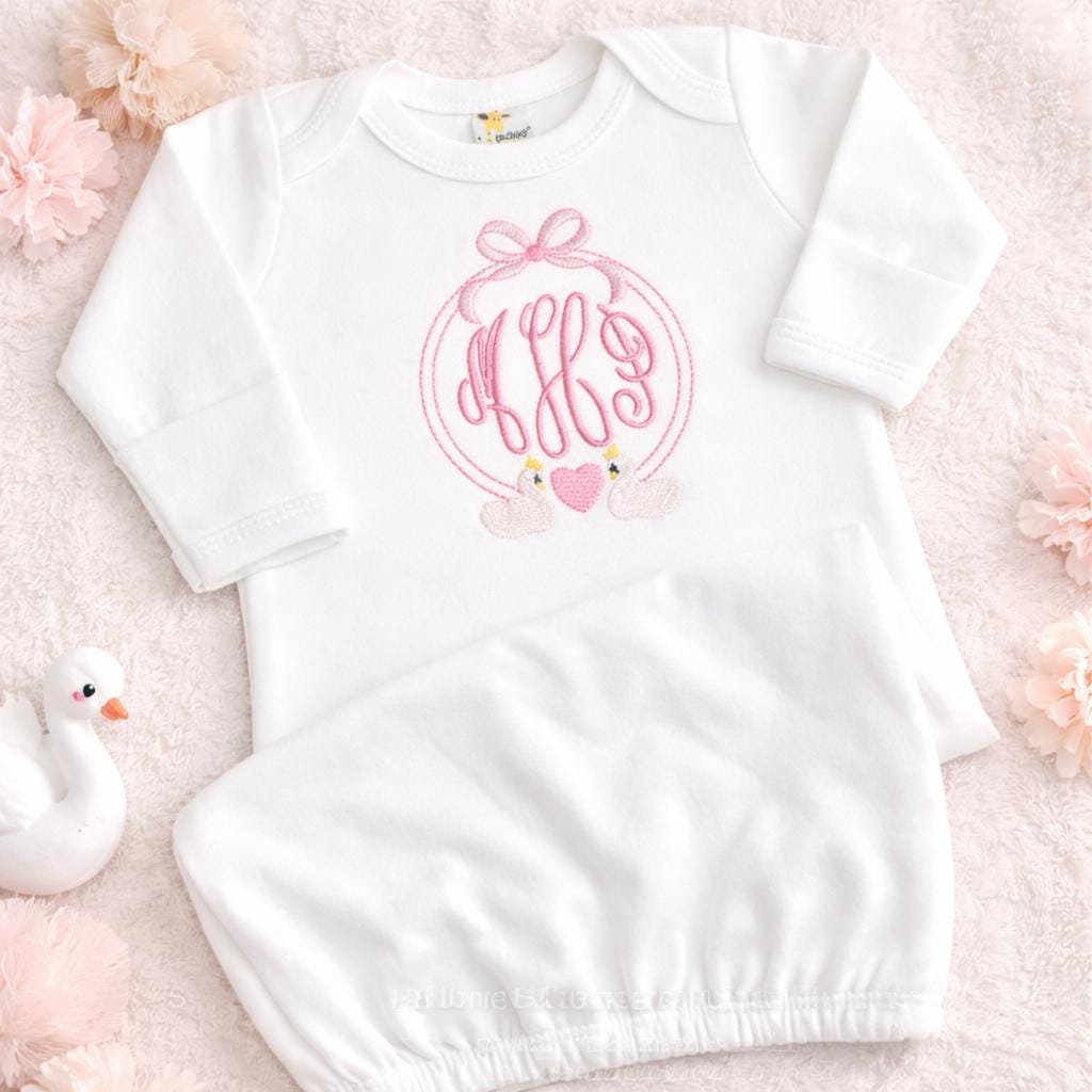 Personalized Swan Baby Gown Monogrammed Swan Baby Bodysuit Bib Burp Cloth Bloomers Monogrammed Swan Embroidered Swan Baby Shower Gift