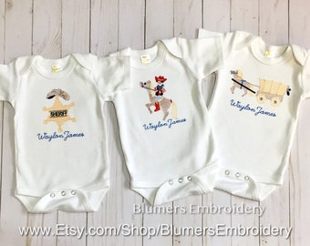 Personalized Cowboy Western Bodysuit/T Shirt/Burp Cloth/Bib; Boys Monogram Embroidered Sketch Vintage Country Cowgirl/Horse/Pony/TeePee/
