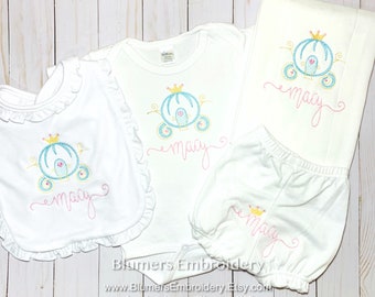 Princess Carriage Personalized T Shirt/Bodysuit/Gown/Bib/Burp/Bloomers Monogrammed Queen Crown Sketch Embroidered Newborn Baby Shower Gift