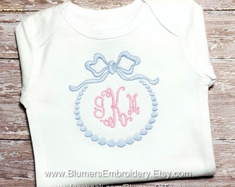 Personalized Baby Girl Monogrammed Bow Frame Gown/Bodysuit/T Shirt/Bib/Burp; Baby Shower Gift Custom Embroidered Baby Shower Baby Home Gift