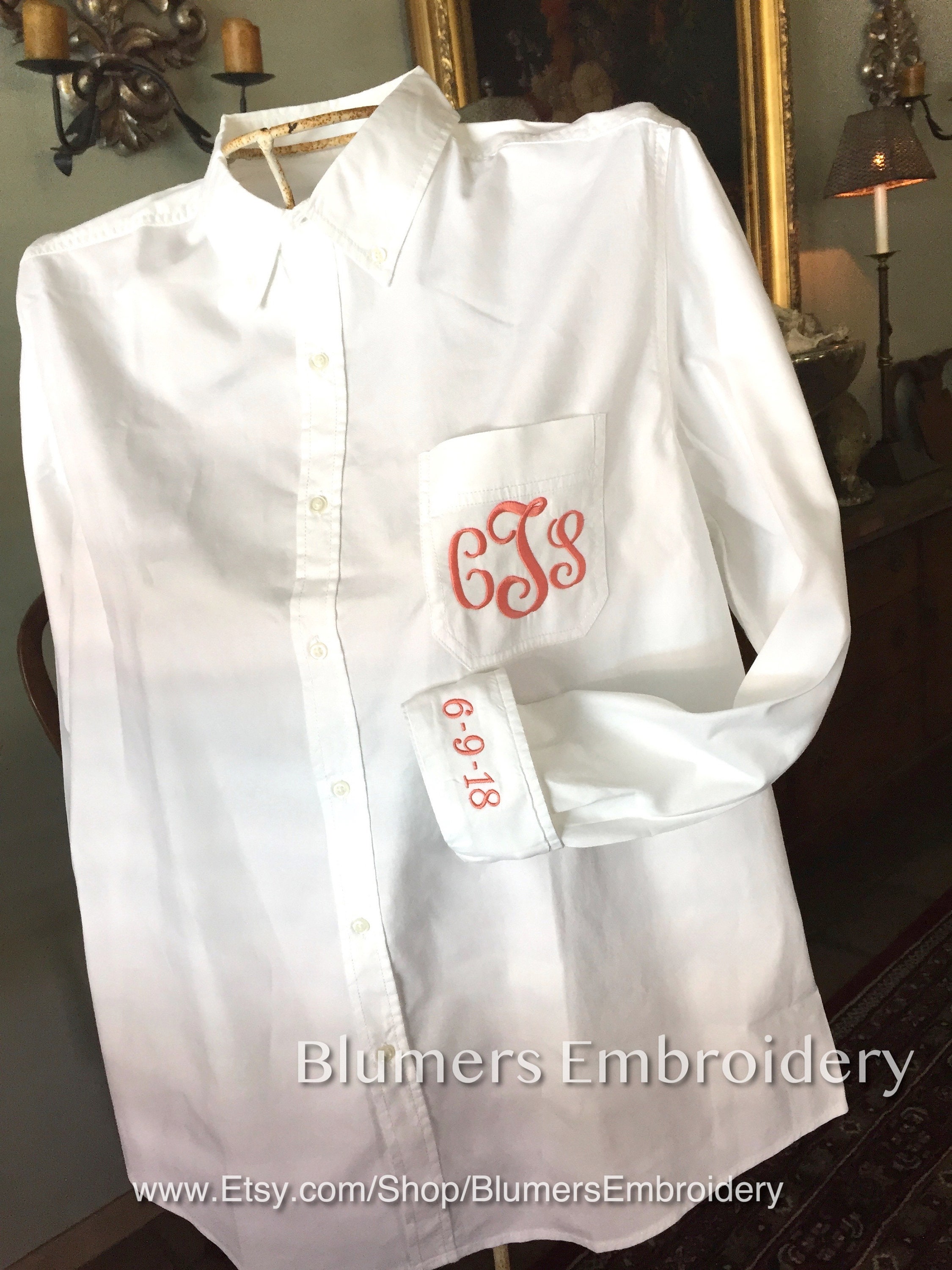 SALE! Brides Monogrammed Big Shirt with Custom Embroidered Pocket & Cuff Ladies Bridesmaids Wedding Men's Oxford Button Down Big Shirt