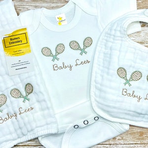 Gender Neutral Unisex Tennis Baby Shower Gift; Personalized Embroidered Tennis Baby Outfit; Muslin Bib, Burp Cloth, Bodysuit, Gown & Sets