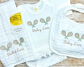 Gender Neutral Unisex Tennis Baby Shower Gift; Personalized Embroidered Tennis Baby Outfit; Muslin Bib, Burp Cloth, Bodysuit, Gown & Sets