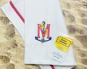 Embroidered Monogrammed Anchor Initial Kitchen Dish Cloth Towel; Personalized Nautical Coastal Flour Sack Tea Towel; Lake Beach Hostess Gift
