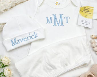 Conjunto de bienvenida para bebé recién nacido con monograma bordado, body personalizado para bebé, regalo para llevar a casa al bebé, vestido personalizado para recién nacido