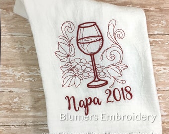 Monogrammed Wine Glass Kitchen Dish Cloth Towel / Personalized Custom Embroidered Flour Sack Tea Towel / Wedding Hostess Monogram Wine Gift