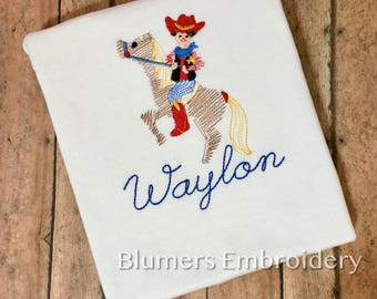 Cowboy Western Personalized Bodysuit/T Shirt/Burp Cloth/Bib; Southwestern Monogrammed Embroidered Vintage Sketch Horse/Pony/TeePee/Cactus