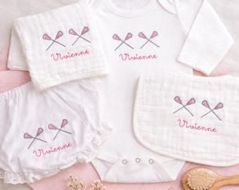 Personalized Lacrosse Bodysuit Baby Shower Gift Boy Girl Gender Neutral Unisex Embroidered Sports Baby Muslin Bib Burp Cloth Gown Bloomers