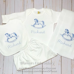Rocking Horse Personalized Embroidered Gown Horse Bodysuit Burp Cloth Bib For Baby Boy or Girl Custom Monogram Infant Name Baby Shower Gift