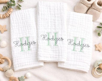 Juego de 3 paños de muselina bordados con monograma para eructar, paños personalizados para eructar, regalo personalizado para baby shower, paños de muselina para eructar, regalo unisex